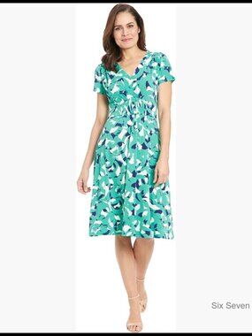 Polyester Spandex V-Neck Smocked Detail Summer Dress Wedding Guest